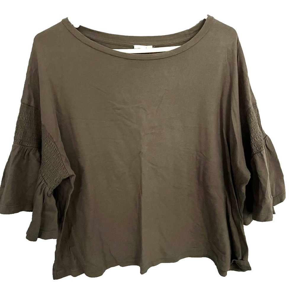 RAG Brand Shirt Womens L Olive Green Smocked Ruffle Bell Sleeve Cotton Boho Soft